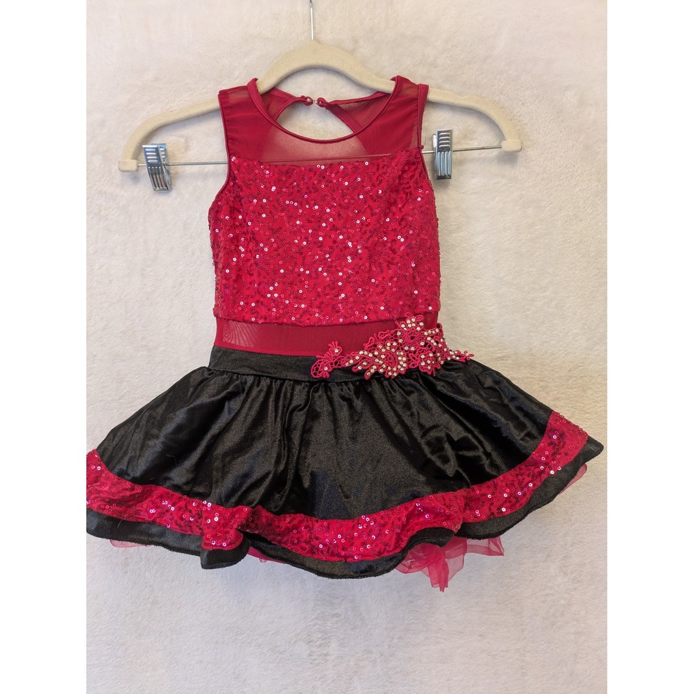Weissman Kids Red Black Sequin Dance Costume Leotard Dress IC Intermediate Child